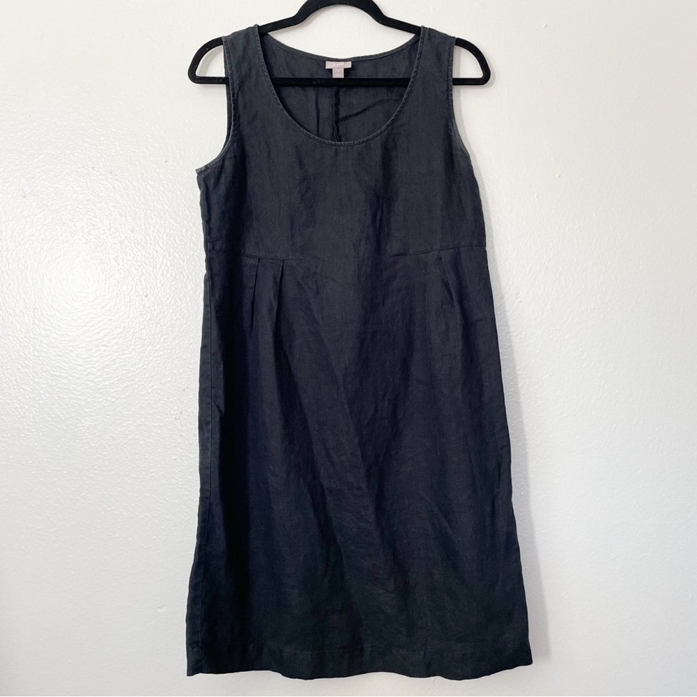J. Jill 100% Linen Black Scoop Neck Pleated Sleeveless Shift Dress